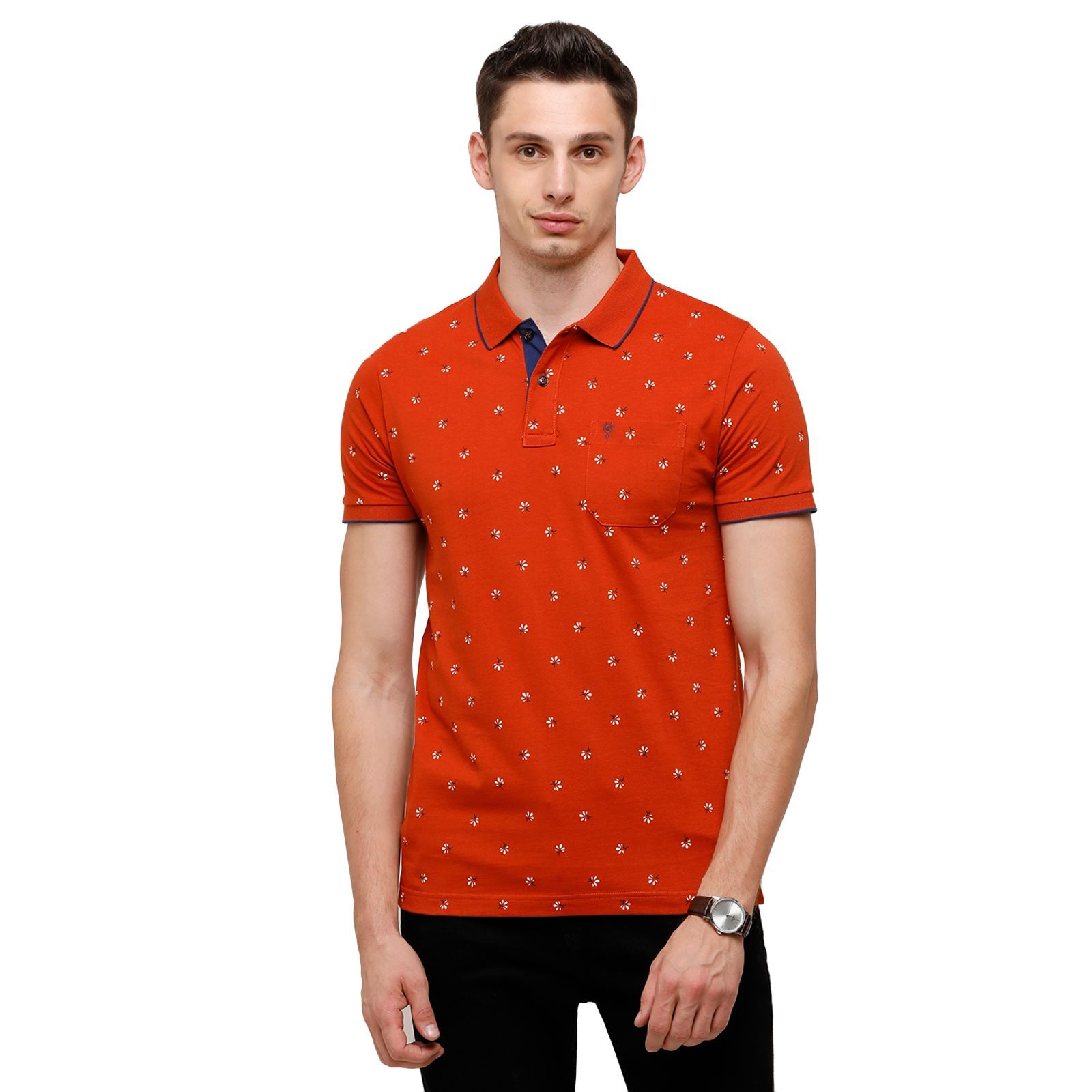 Classic Polo Mens Printed Half Sleeve 100% Cotton Orange Polo Neck T-Shirt ( BELLO - 158 B SF P ) T-Shirt Classic Polo 