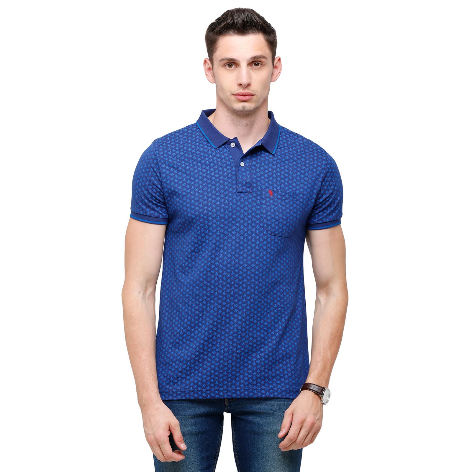 Swiss Club Mens Printed Half Sleeve 100% Cotton Royal Blue Polo Neck T-Shirt ( STAG - 134 B SF P ) T-Shirt Swiss Club 