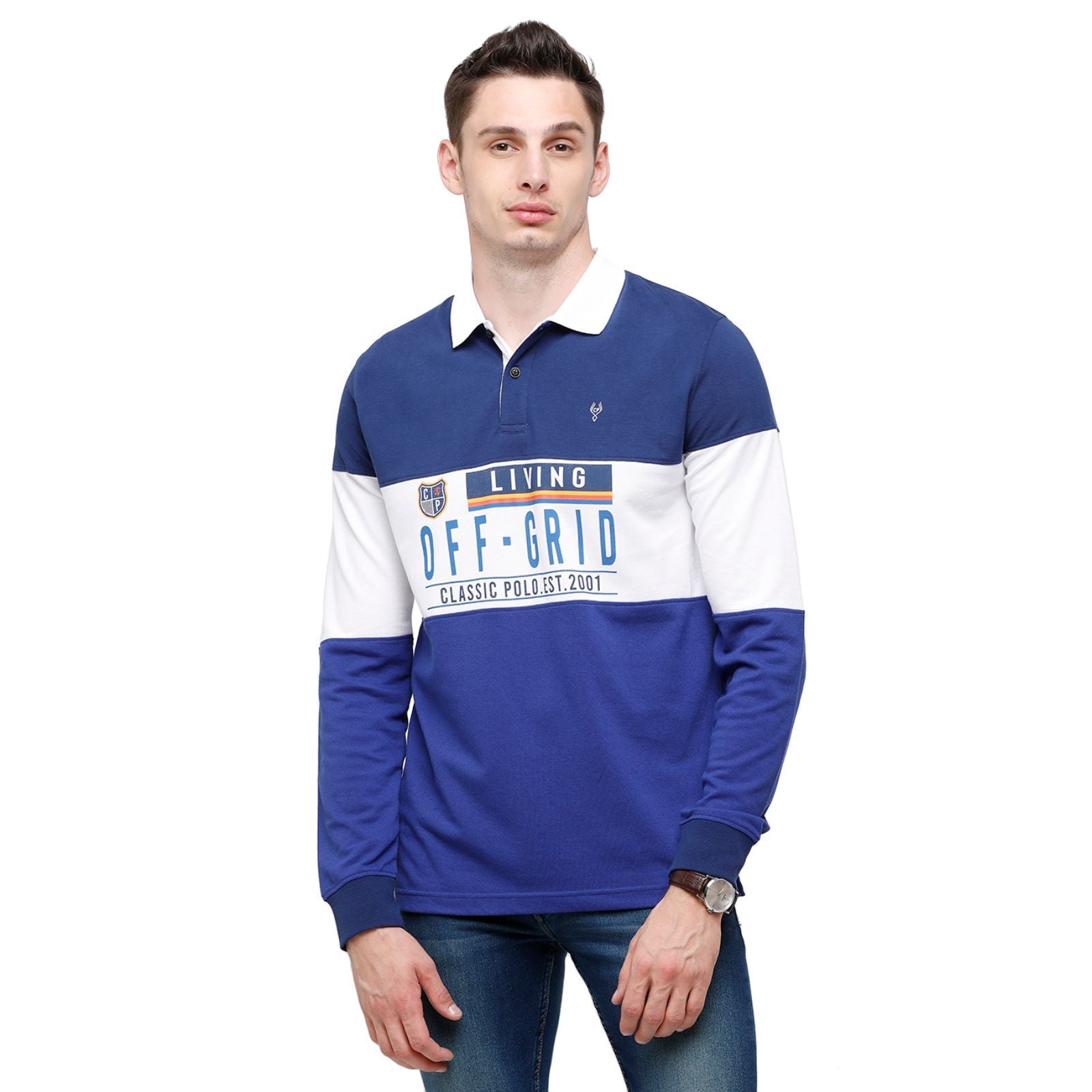 Classic Polo Mens Printed Full Sleeve 100% Cotton Blue:White Polo Neck T-Shirt ( VERNO - 256 B SF P ) T-Shirt Classic Polo 