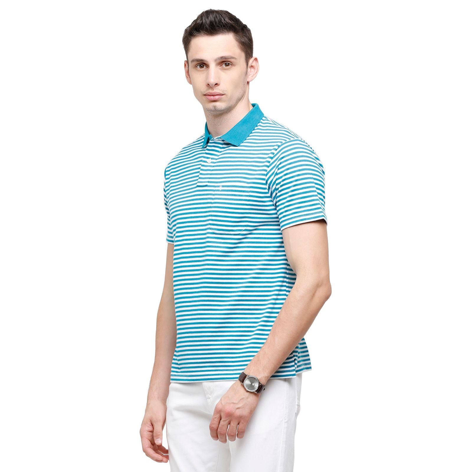 Swiss Club Mens Stripes Half Sleeve 100% Cotton Turqouise Polo Neck T-Shirt ( STAG - 154 A AF P ) T-Shirt Swiss Club 