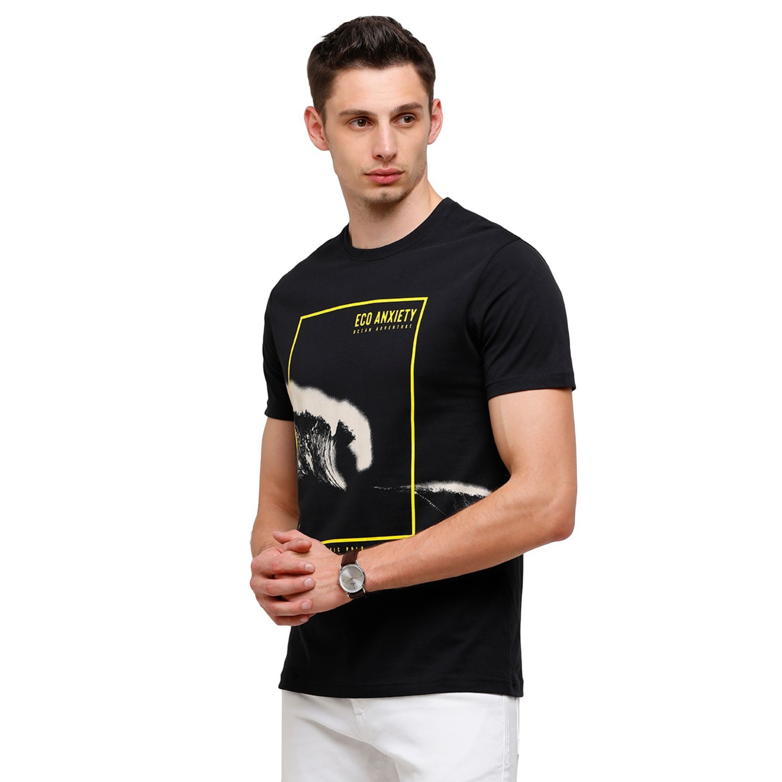 Classic Polo Mens Printed Half Sleeve 100% Cotton Black Crew Neck T-Shirt ( BALENO - 394 A SF C ) T-Shirt Classic Polo 