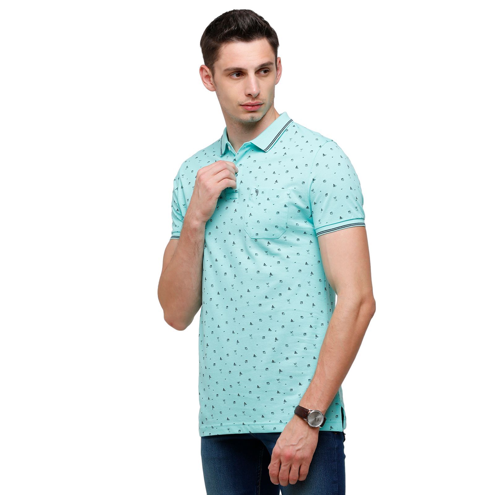 Swiss Club Mens Printed Half Sleeve 100% Cotton Turqouise Polo Neck T-Shirt ( STAG - 143 B SF P ) T-Shirt Swiss Club 