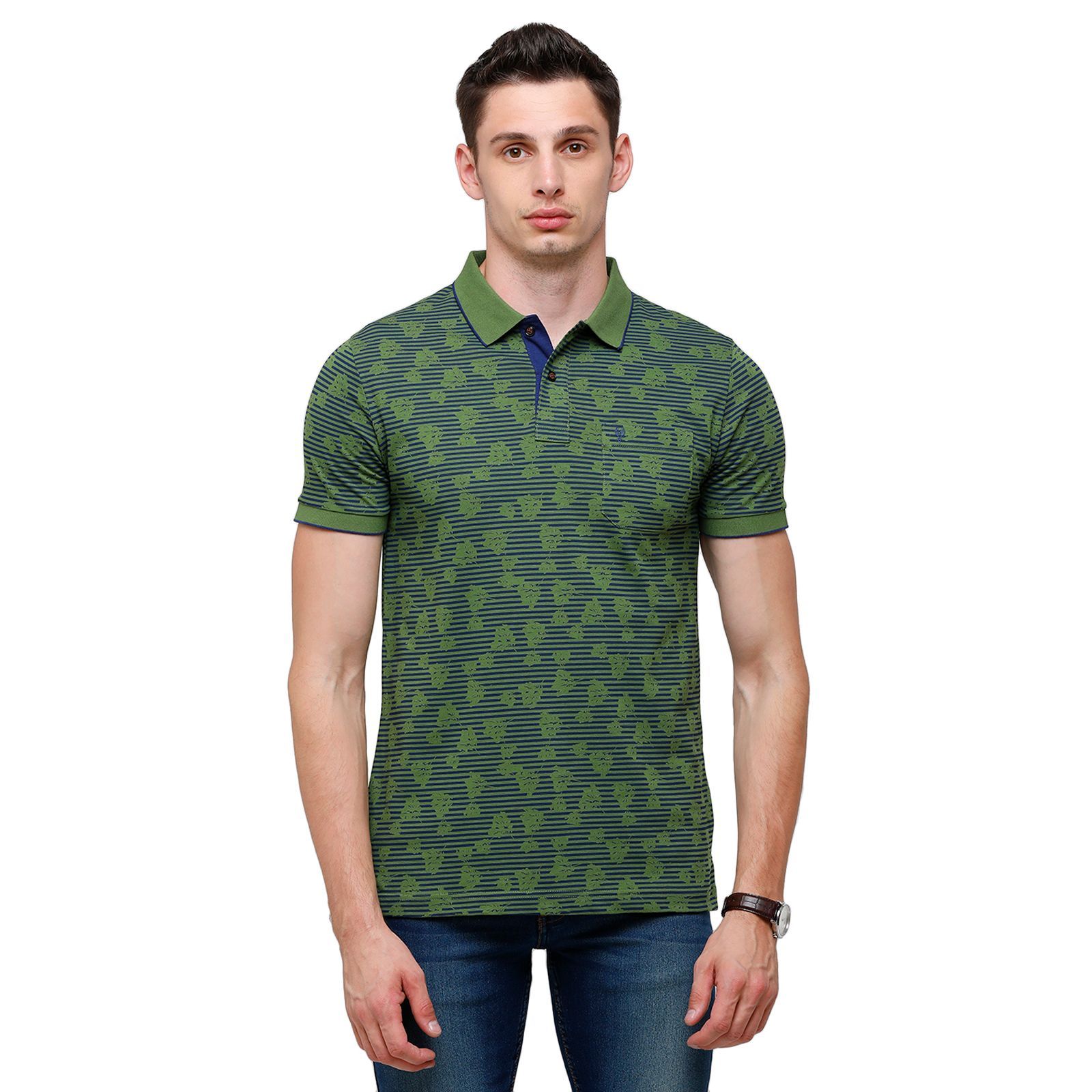 Classic Polo Mens Printed Half Sleeve 100% Cotton Olve Green Polo Neck T-Shirt ( BELLO - 155 B SF P ) T-Shirt Classic Polo 