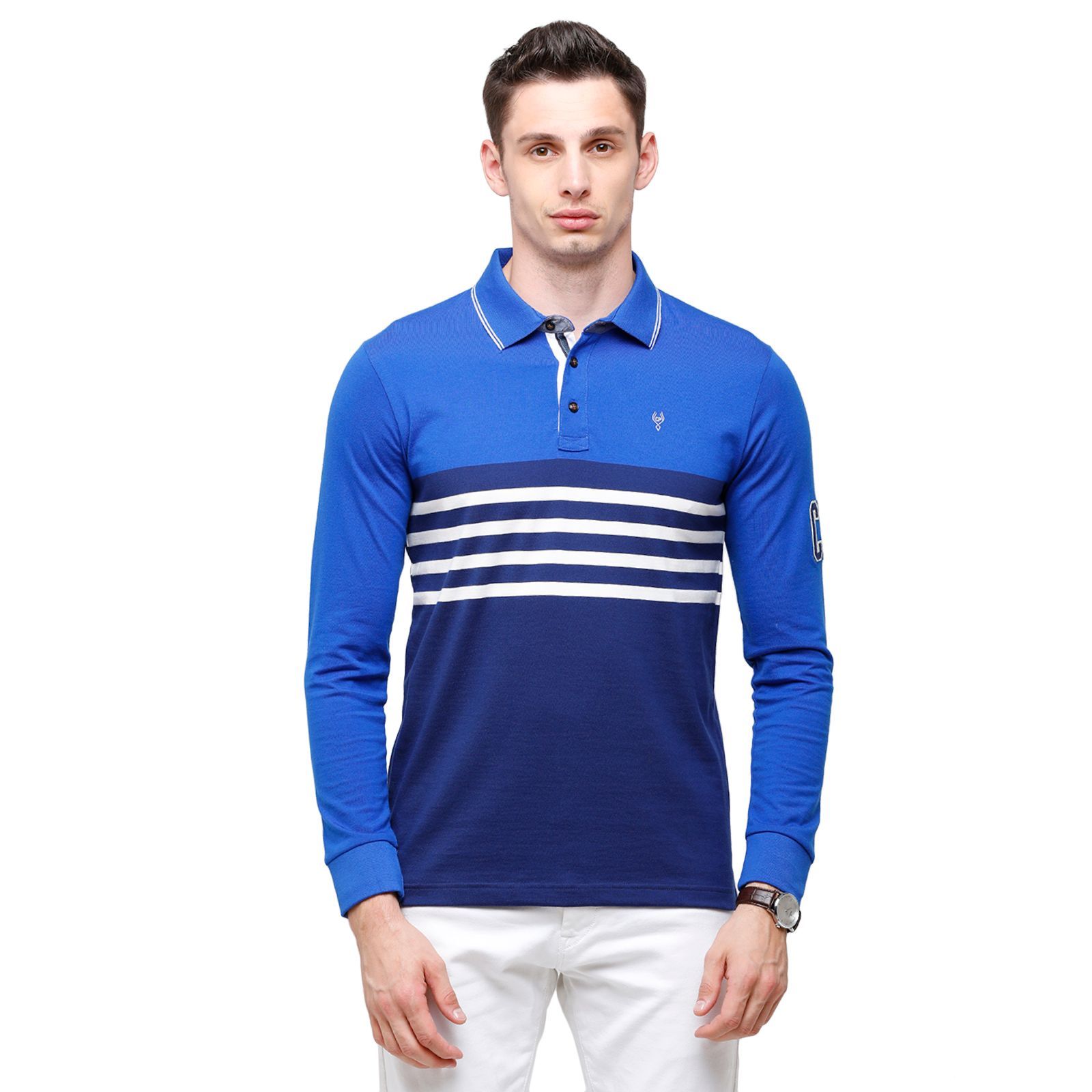 Classic Polo Men's Royal Blue Stripes Polo Full Sleeve Slim Fit T-Shirt - VERNO - 263 A SF P T-Shirt Classic Polo 