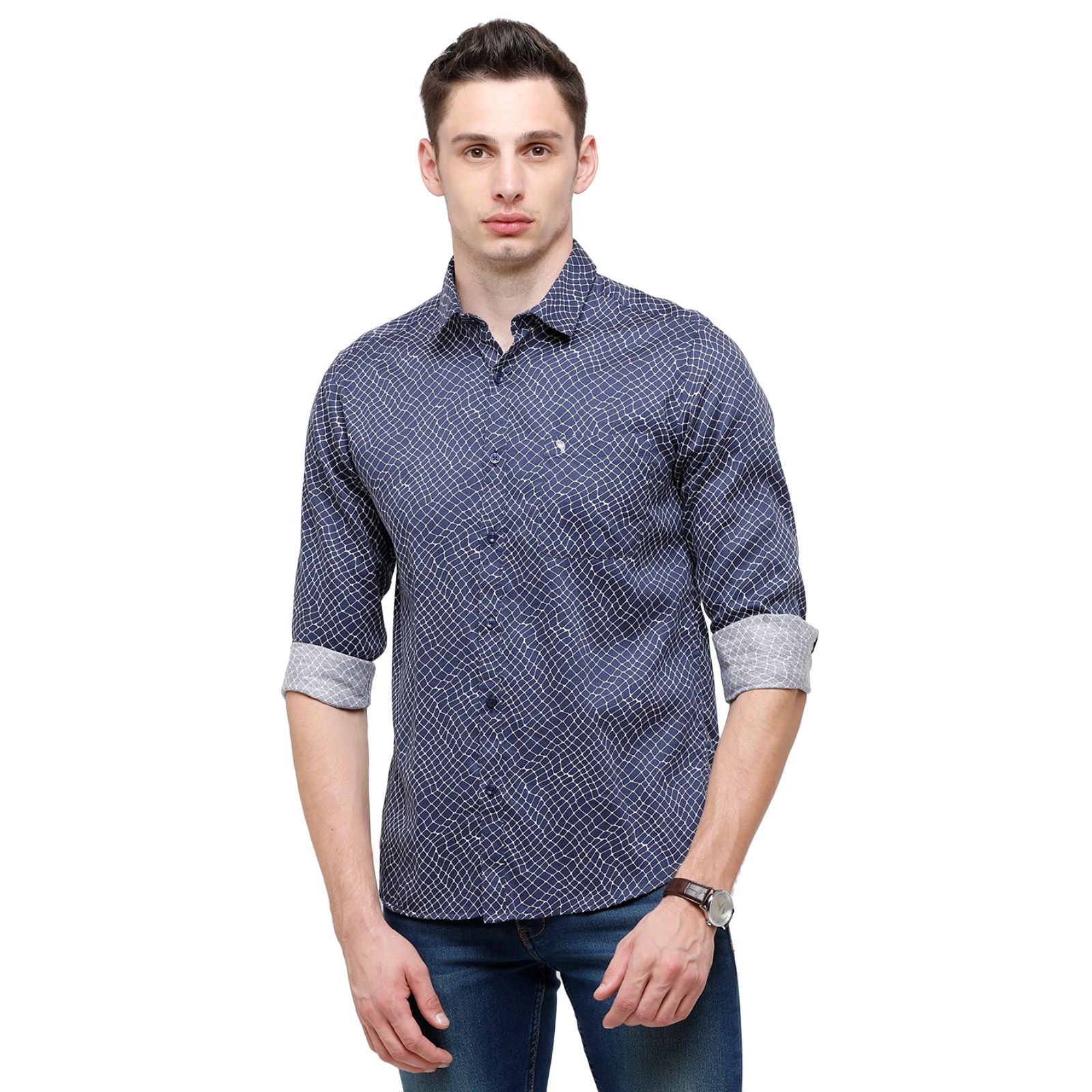 Swiss Club Mens Printed Full Sleeve 100% Cotton Indigo Polo Neck Woven Shirt ( S-SC-86 A-FS-PRT-SF ) Shirts Swiss Club 