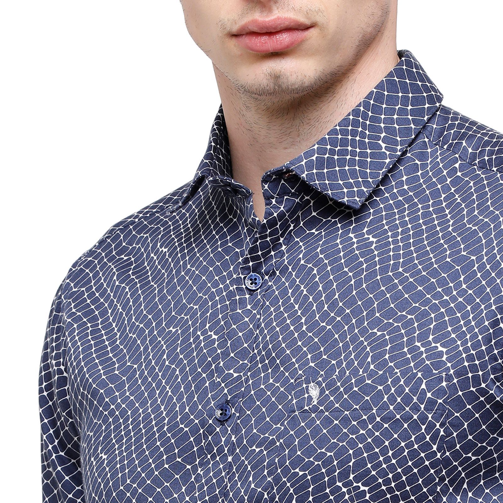 Swiss Club Mens Printed Full Sleeve 100% Cotton Indigo Polo Neck Woven Shirt ( S-SC-86 A-FS-PRT-SF ) Shirts Swiss Club 
