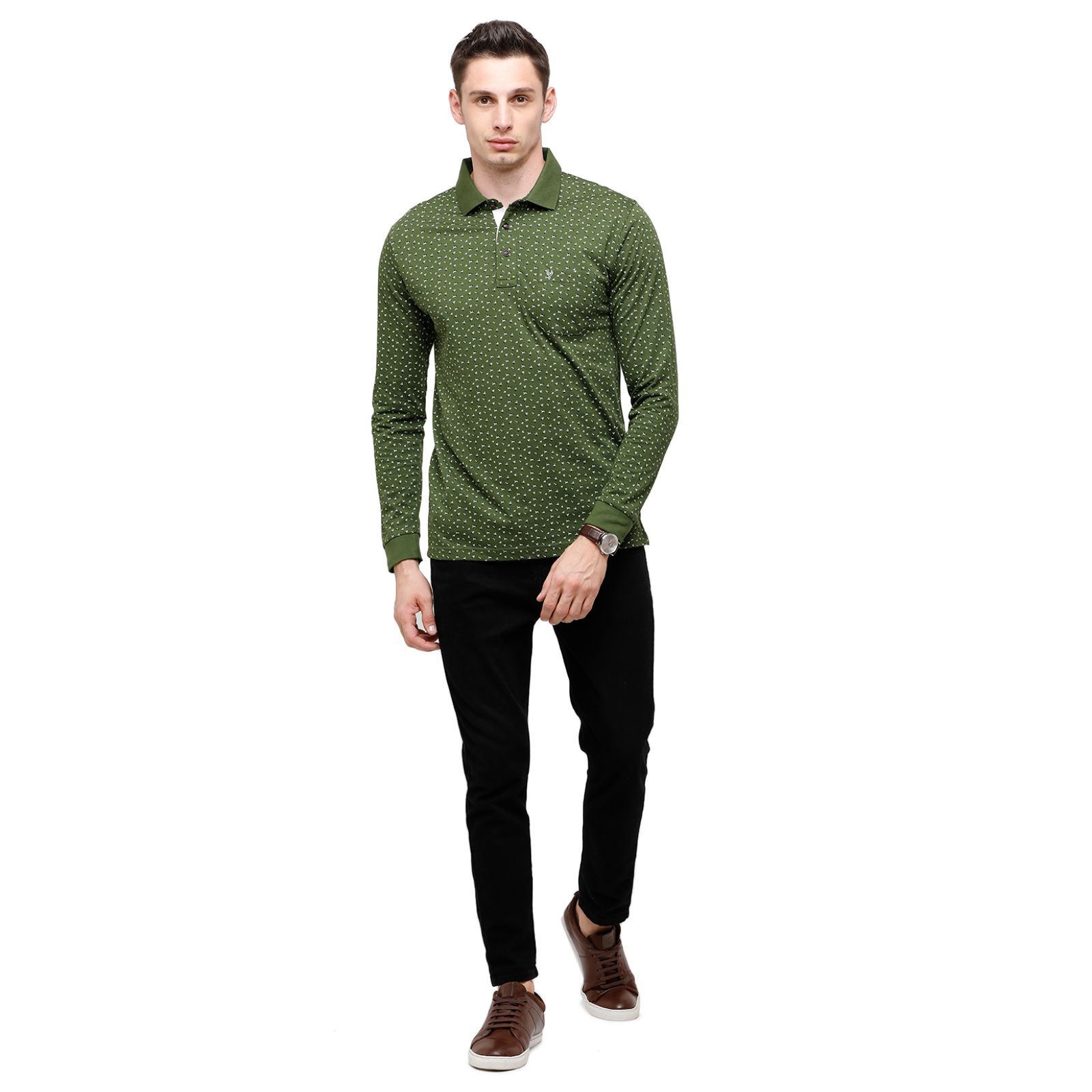 Classic Polo Mens Printed Full Sleeve 100% Cotton Olive Green Polo Neck T-Shirt ( VERNO - 260 B SF P ) T-Shirt Classic Polo 