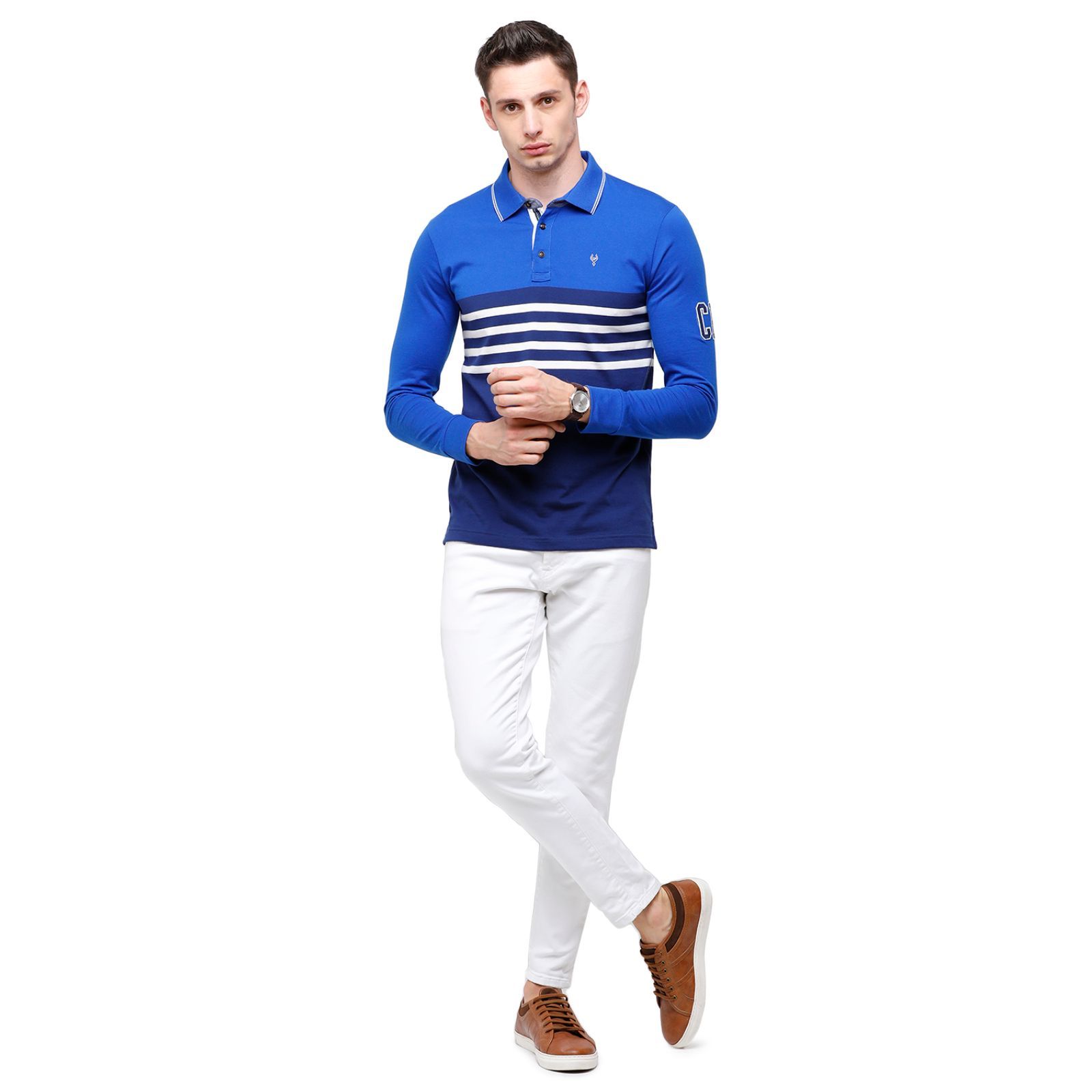 Classic Polo Men's Royal Blue Stripes Polo Full Sleeve Slim Fit T-Shirt - VERNO - 263 A SF P T-Shirt Classic Polo 