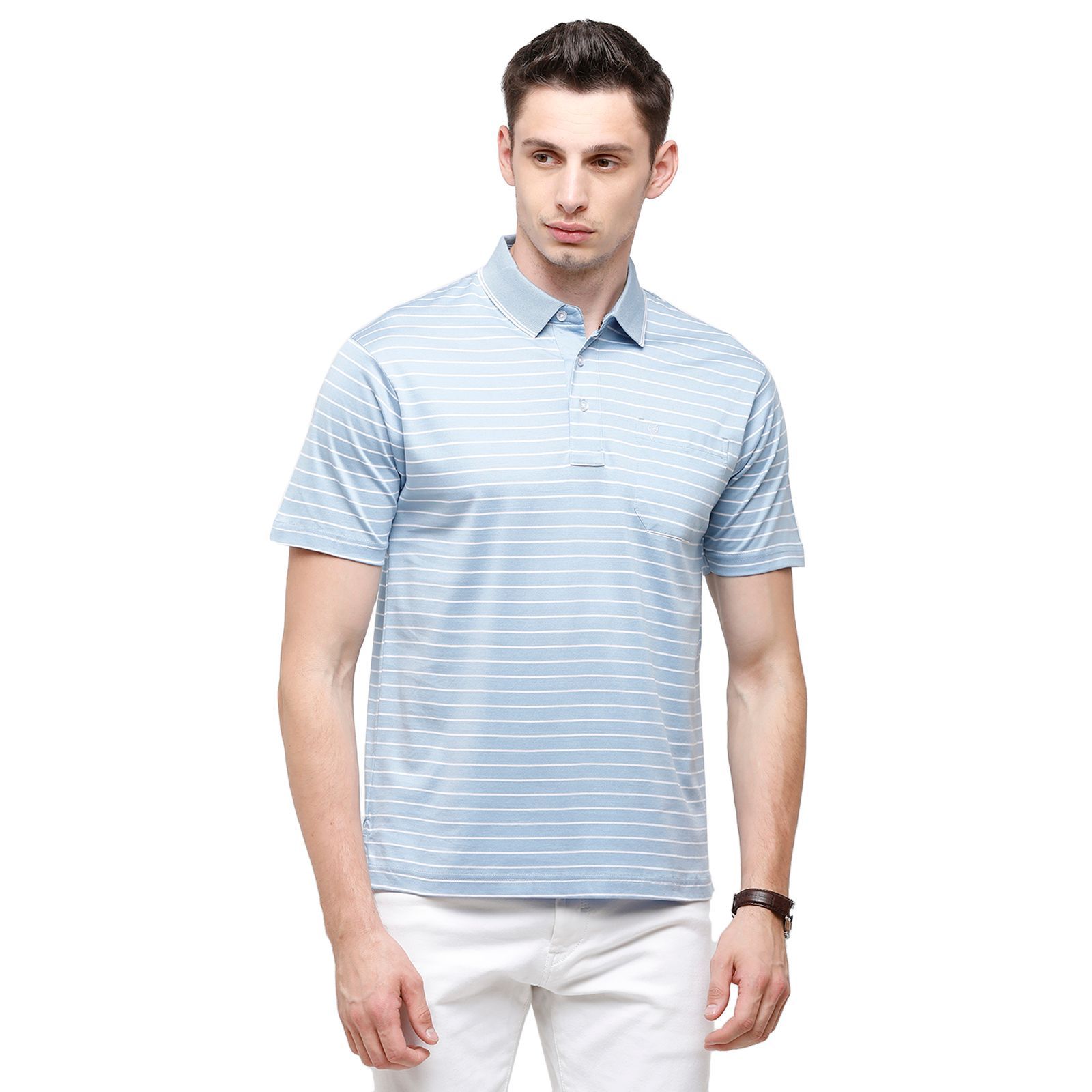 Classic Polo Men's Striped Authentic Fit Half Sleeve Premium Light Blue Stripe T-Shirt - Ultimo - 252 A T-Shirt Classic Polo 