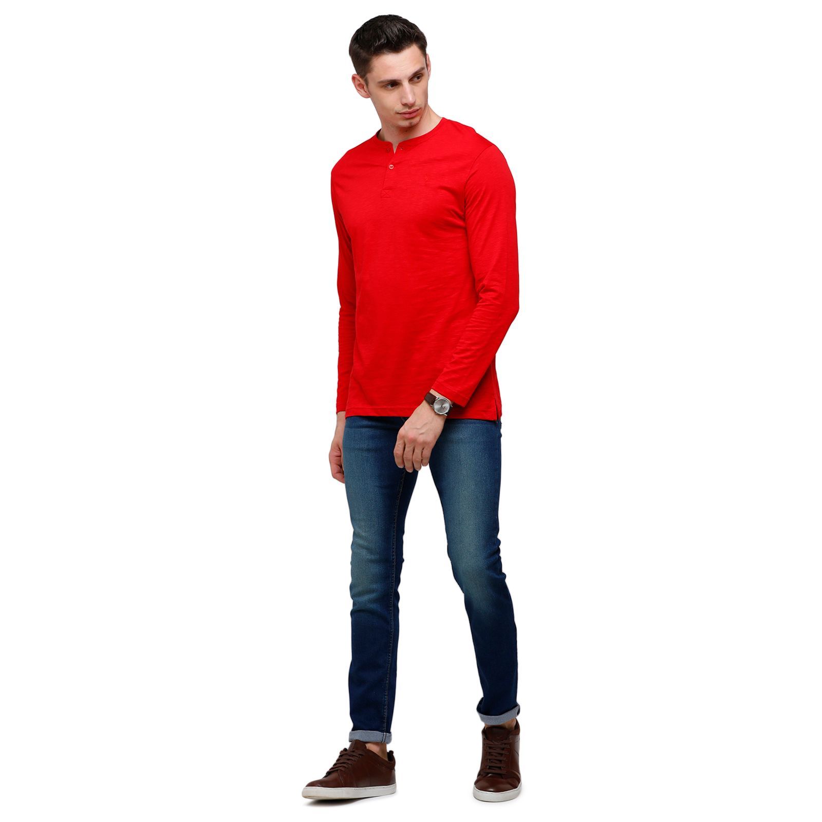 Classic polo Men's Red Full Sleeve Slim Fit Henley Crew T-Shirt - Ozel-True Red T-Shirt Classic Polo 