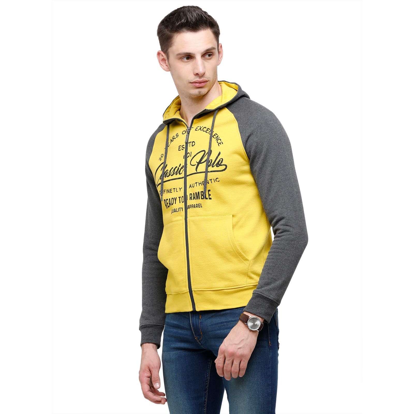 Classic Polo Men's Printed Full Sleeve yellow & Grey Hood Sweat Shirt - CPSS - 327 B Sweat Shirts Classic Polo 