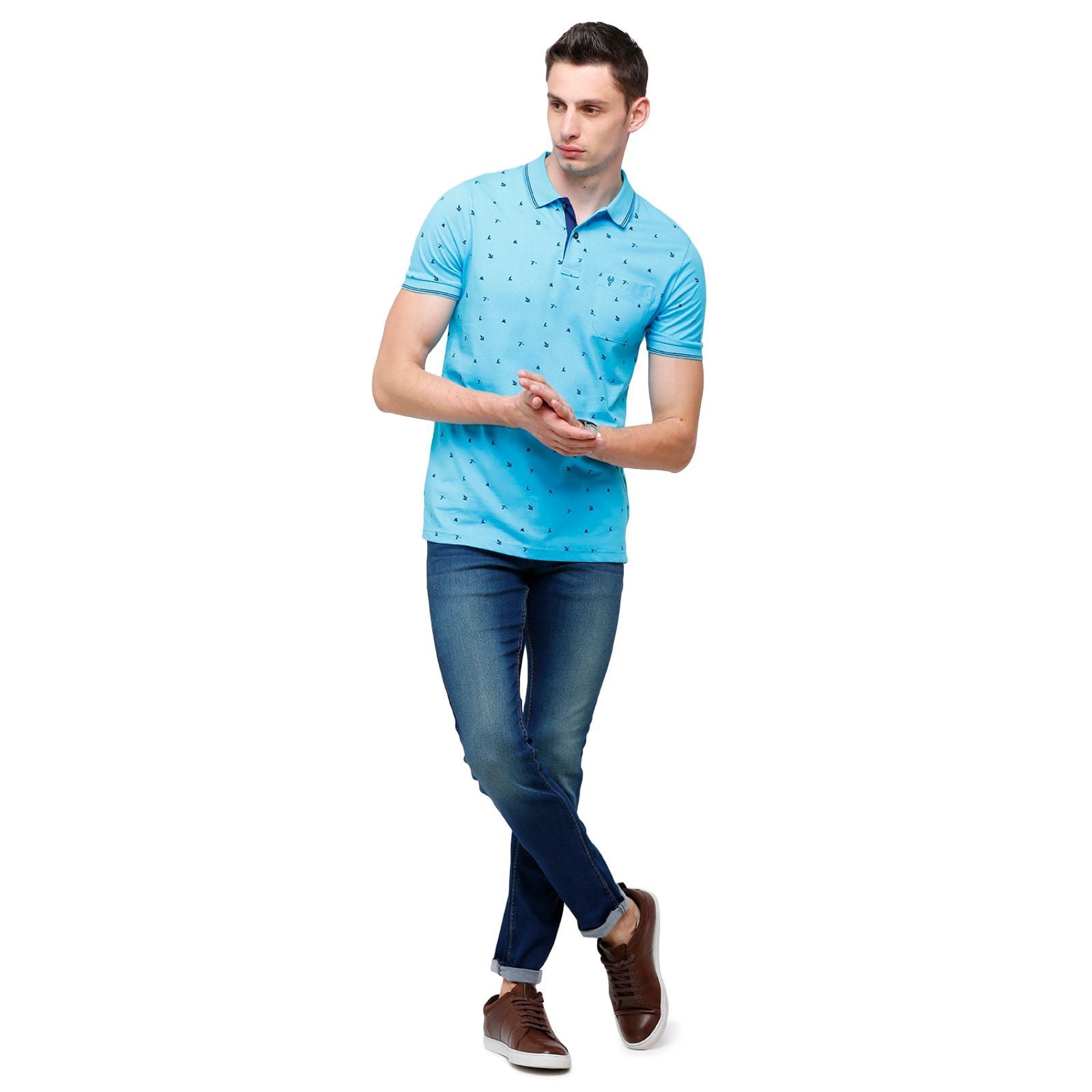 Classic Polo Mens Printed Half Sleeve 100% Cotton Turqouise Polo Neck T-Shirt ( BELLO - 142 A SF P ) T-Shirt Classic Polo 