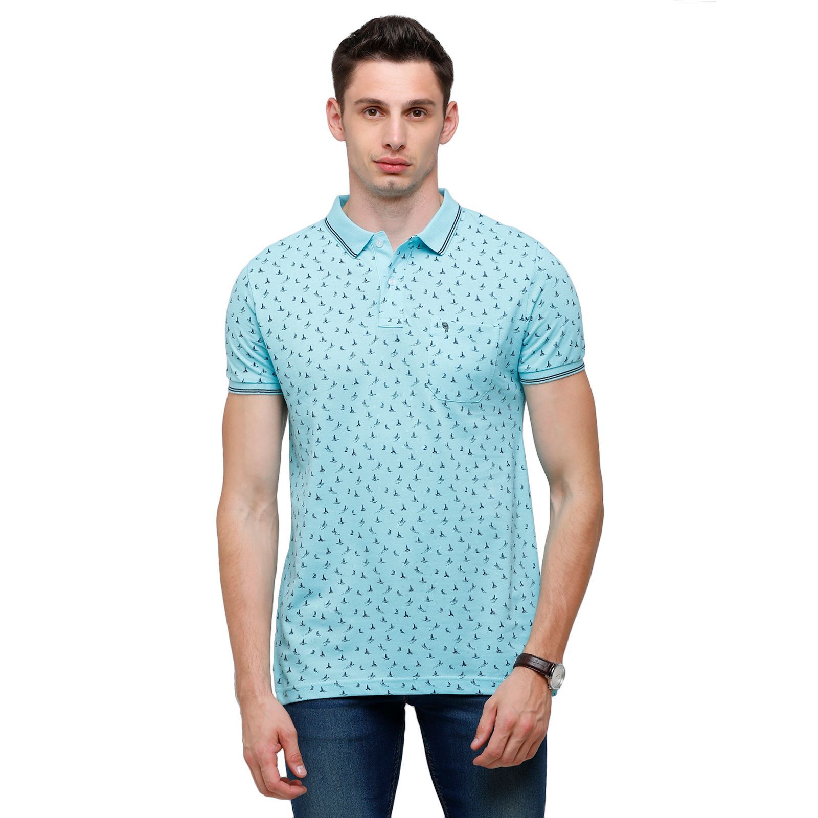 Swiss Club Mens Printed Half Sleeve 100% Cotton Turqouise Polo Neck T-Shirt ( STAG - 139 A SF P ) T-Shirt Swiss Club 