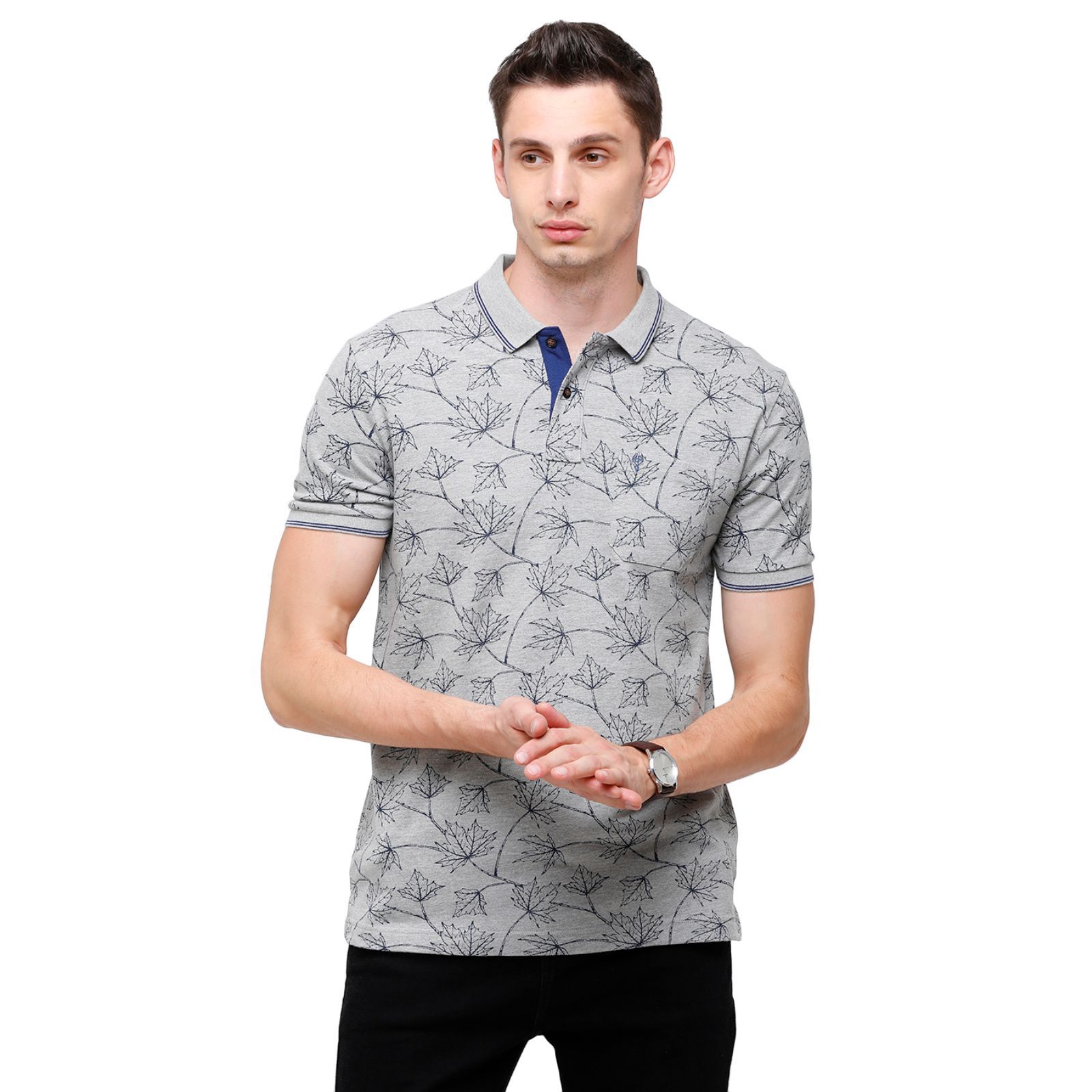 Classic Polo Mens Printed Half Sleeve 100% Cotton Grey Polo Neck T-Shirt ( BEAU - 142 B SF P ) T-Shirt Classic Polo 