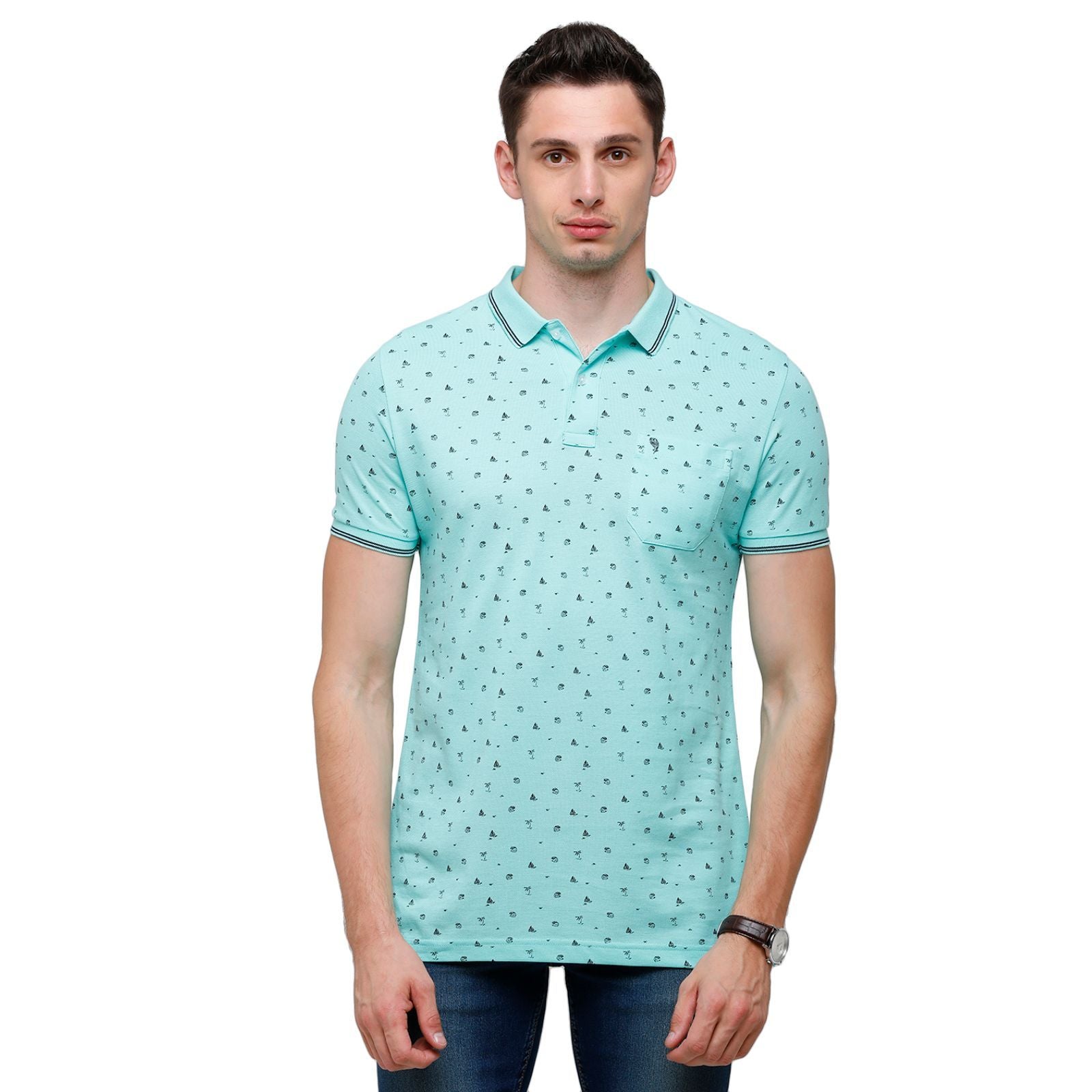 Swiss Club Mens Printed Half Sleeve 100% Cotton Turqouise Polo Neck T-Shirt ( STAG - 143 B SF P ) T-Shirt Swiss Club 