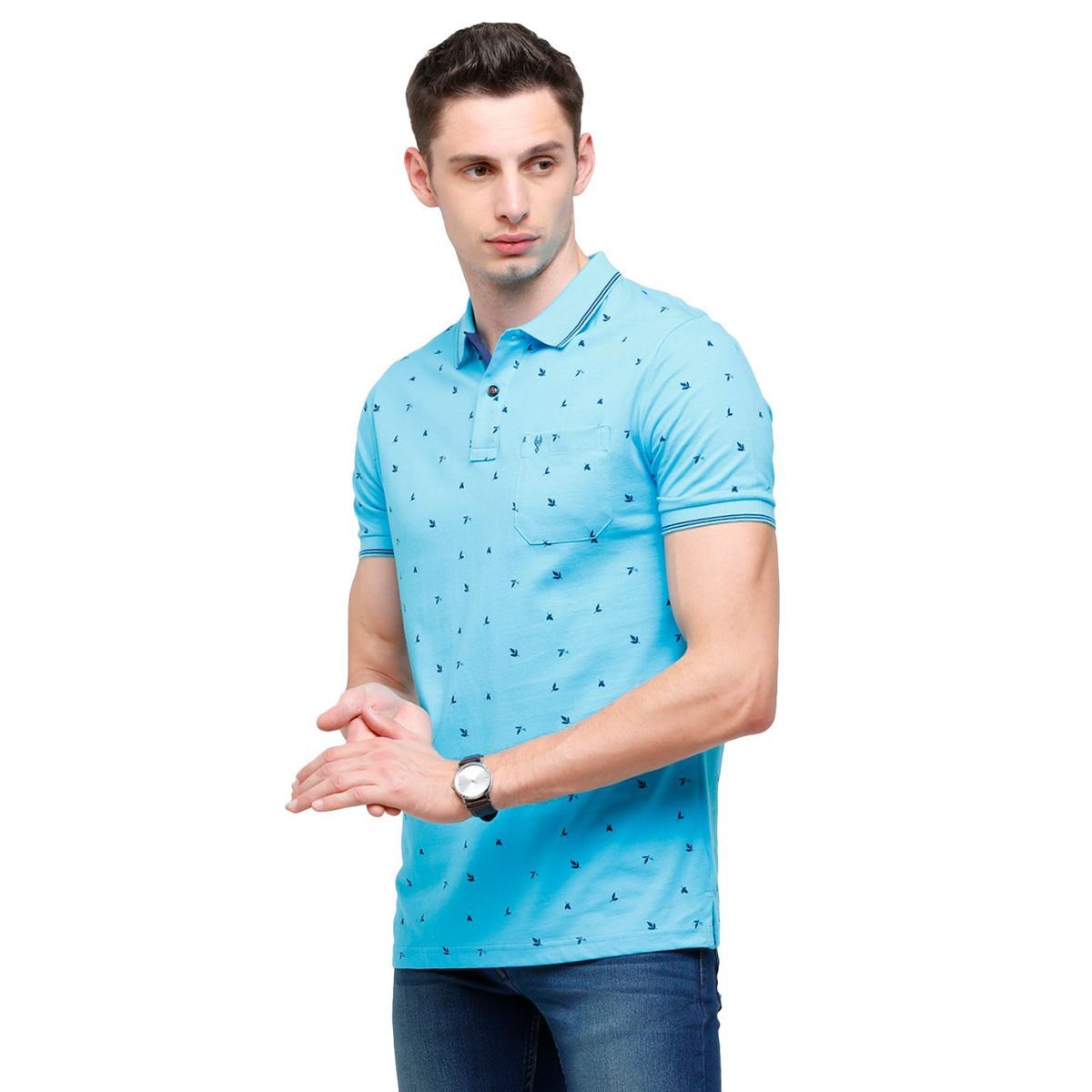 Classic Polo Mens Printed Half Sleeve 100% Cotton Turqouise Polo Neck T-Shirt ( BELLO - 142 A SF P ) T-Shirt Classic Polo 