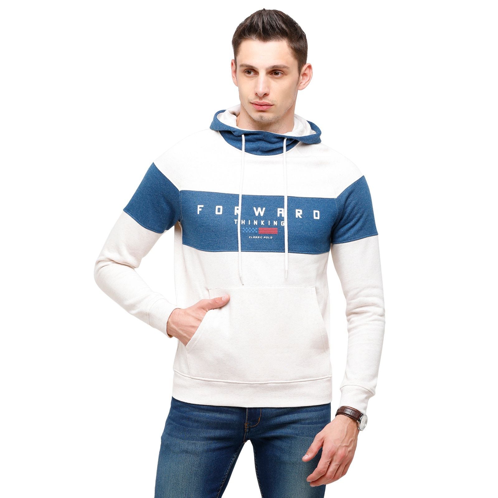 Classic Polo Men's Printed Full Sleeve White & Blue Hood Sweat Shirt - CPSS - 332A Sweat Shirts Classic Polo 